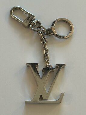 Louis Vuitton Silver Metal LV Logo Keyring Charm